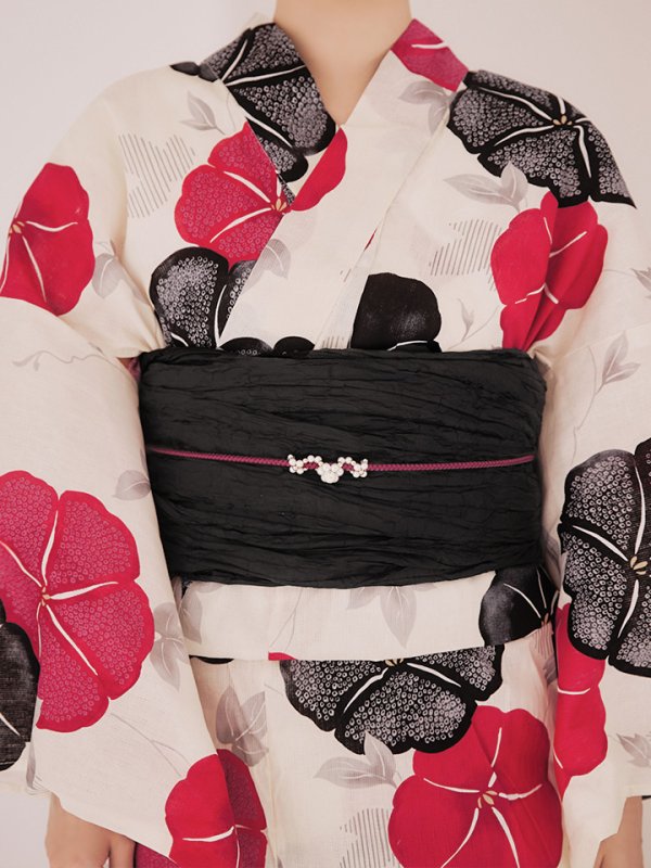 画像16: 【即日発送】紅色と黒の朝顔柄浴衣 【浴衣3点セット 浴衣/帯/下駄】 [YMT]