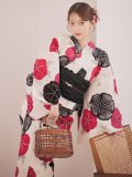 【予約 / 5月中旬発送予定】紅色と黒の朝顔柄浴衣 OBI-siwa-204-wk-1-B / HIMO-902-kj-5-RosePK / YA-1072-kn-R / GETA-02-ok-7-R/ [yo/OF01]