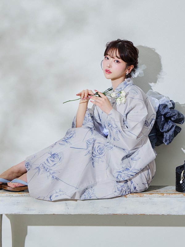 画像2: 【Riuコラボ】【予約 / 6月下旬発送予定】ブルーローズ浴衣 OBI-lame-400-kj-8-NV / HIMO-900-yn-2-DusBL  / HEKO-800-sb-5-WH / YA-1001-kj-BL / YA-1078-wk-BLGY / GETA-01-kj-2-BL [y/YMT]