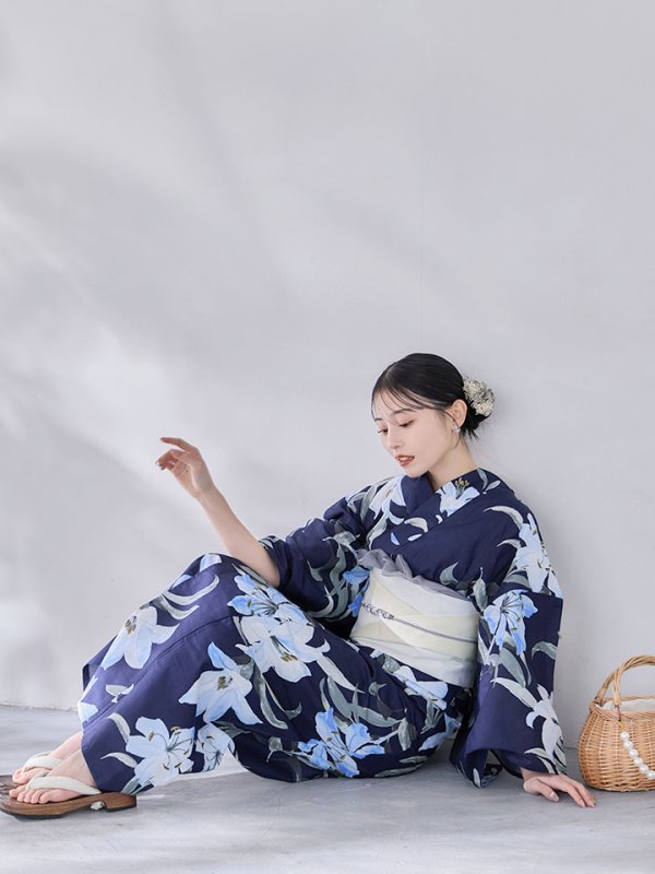 画像12: 送料無料！ネイビーリリーフラワー浴衣【浴衣３点セット 浴衣/帯/下駄】[OF04]【予約 / 5月下旬発送予定】