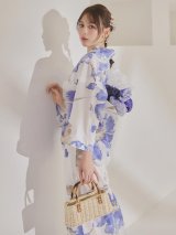 【即日発送】ホワイト×ブルーアンティークフラワー浴衣【浴衣３点セット 浴衣/帯/下駄】[OF04]