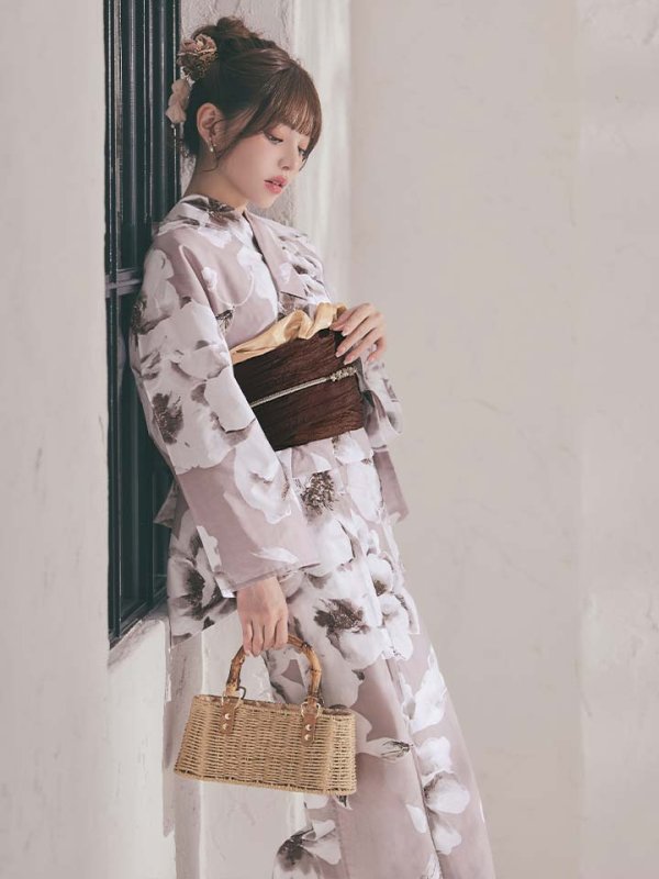 画像8: 【即日発送】モカブラウンアンティークブーケ浴衣【浴衣３点セット 浴衣/帯/下駄】[OF04]