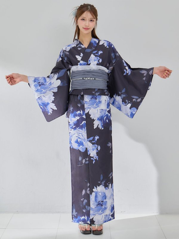 画像4: 【即日発送】大人ネイビー牡丹浴衣【浴衣３点セット 浴衣/帯/下駄】[OF04]