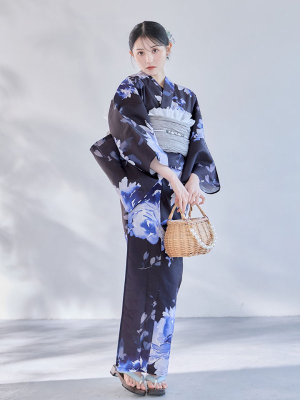 画像8: 【即日発送】大人ネイビー牡丹浴衣【浴衣３点セット 浴衣/帯/下駄】[OF04]