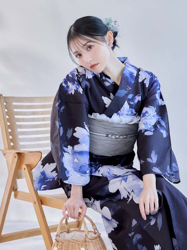 画像15: 【即日発送】大人ネイビー牡丹浴衣【浴衣３点セット 浴衣/帯/下駄】[OF04]
