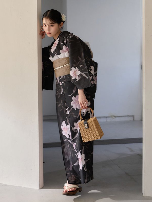 画像10: 送料無料！ホワイトリリー黒地浴衣【浴衣３点セット 浴衣/帯/下駄】[OF04]【予約 / 6月中旬発送予定】