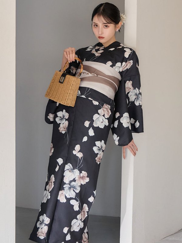 画像8: 送料無料！【即日発送】フローラルブラック浴衣【浴衣３点セット 浴衣/帯/下駄】[OF04]