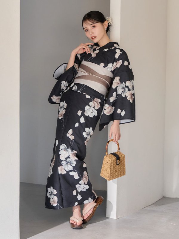 画像9: 送料無料！【即日発送】フローラルブラック浴衣【浴衣３点セット 浴衣/帯/下駄】[OF04]
