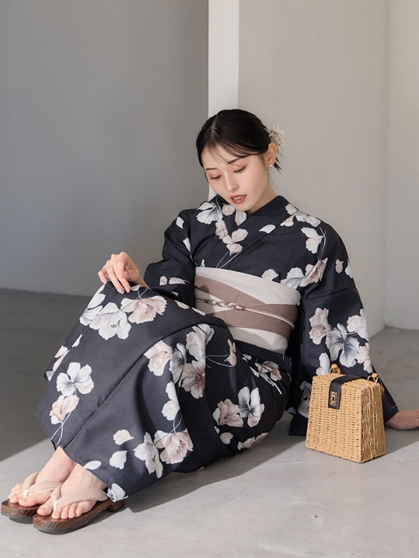 画像12: 送料無料！【即日発送】フローラルブラック浴衣【浴衣３点セット 浴衣/帯/下駄】[OF04]