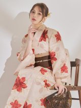 送料無料！【即日発送】柔らかな琥珀の大花浴衣【浴衣３点セット 浴衣/帯/下駄】[OF04]