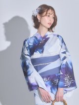 送料無料！藍水彩フラワー浴衣【浴衣３点セット 浴衣/帯/下駄】[OF04]【予約 / 4月下旬発送予定】