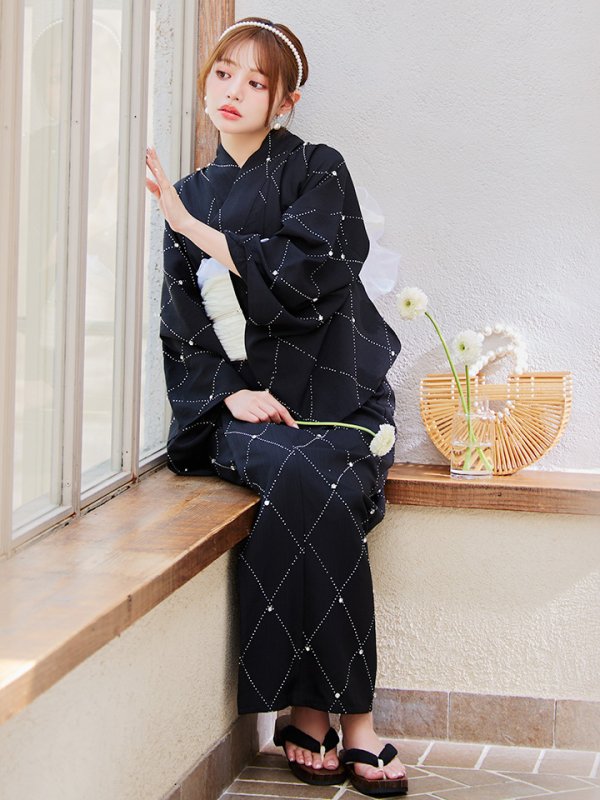 画像3: 【即日発送】セパレートアーガイルビジュー浴衣【浴衣4点セット 浴衣/帯/下駄】[YMT]