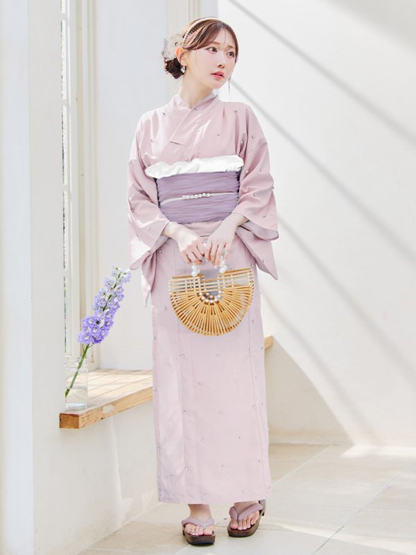 画像2: セパレートアーガイルビジュー浴衣【浴衣4点セット 浴衣/帯/下駄】OBI-lame-400-kj-5-PLV / HIMO-906-yn-PEARL / HEKO-800-sb-5-W / YA-1075-kn-BE / GETA-01-kj-7-P/ [YMT]