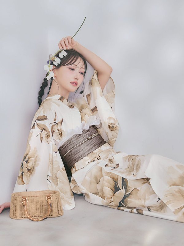 画像12: 【即日発送】送料無料！1人で簡単に着られる！ワンピース / セパレート浴衣セット　ホワイトエレガントフラワー浴衣【浴衣4点セット 浴衣/帯/下駄】[OF04]
