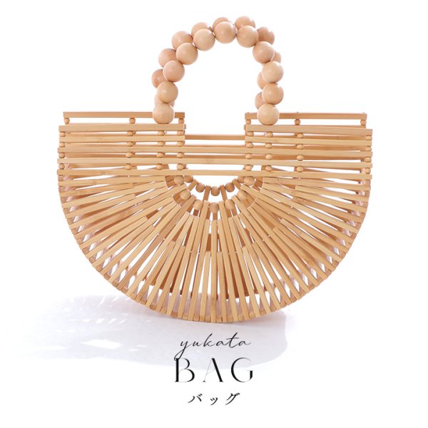 画像8: 木製ハンドル付き竹編み半円カゴバッグ[YMT]