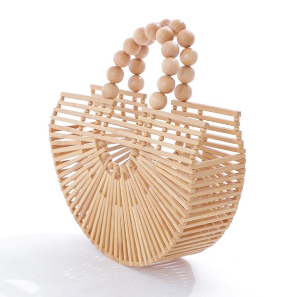 画像9: 木製ハンドル付き竹編み半円カゴバッグ[YMT]