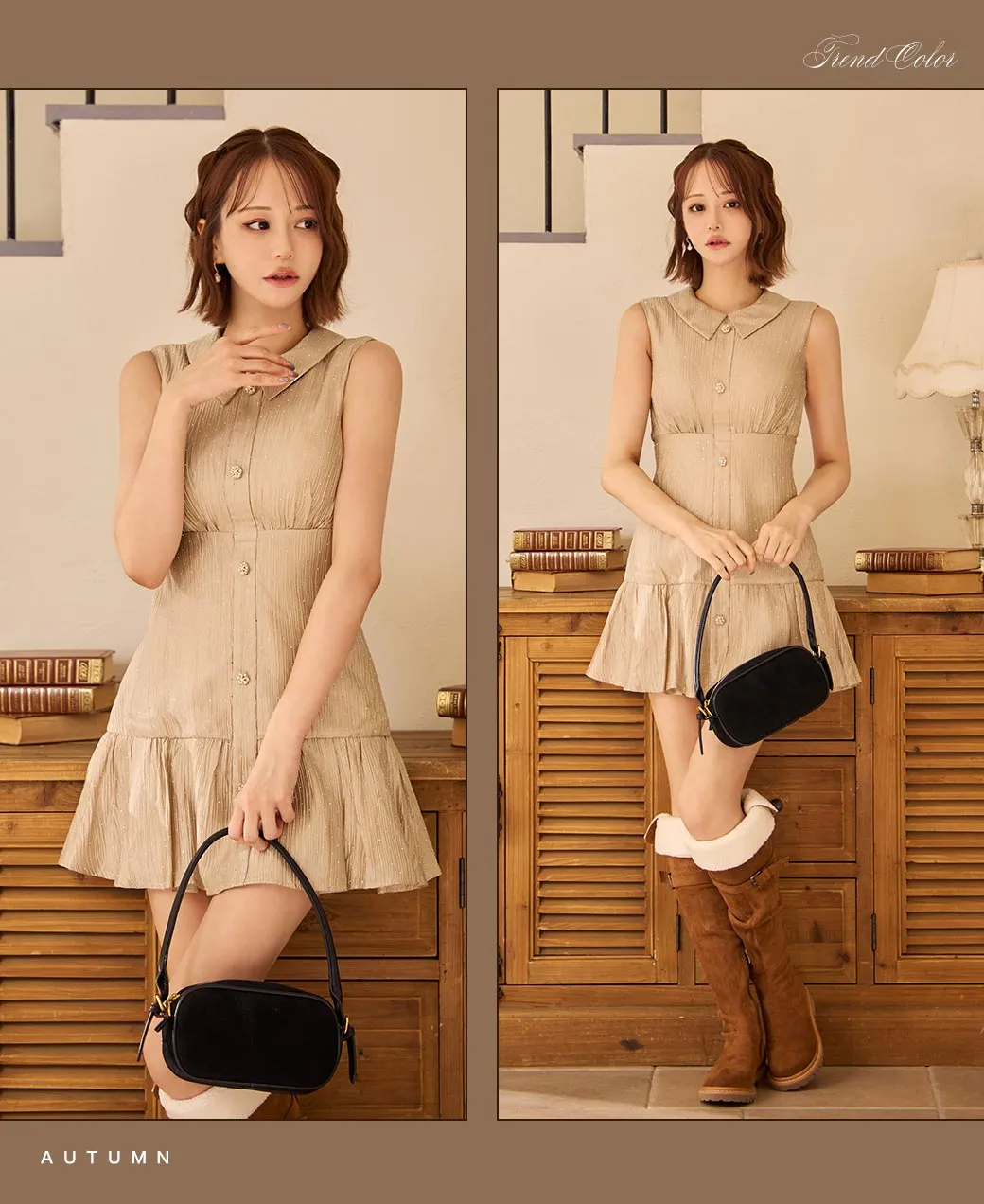 ビジュー襟付プリーツスカートミニドレス2