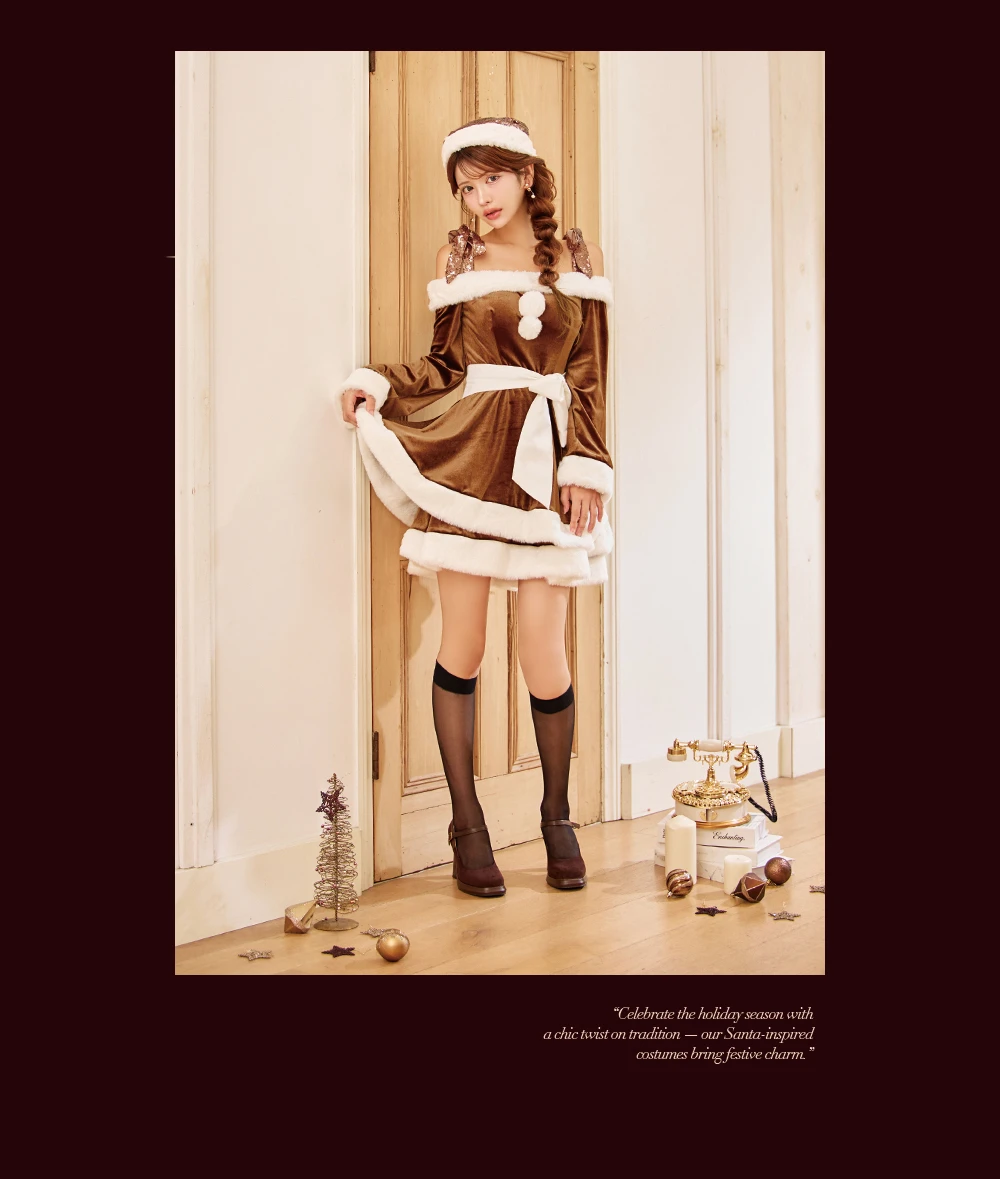 【sugar nine サンタコス 4点セット】【XS-XLサイズ/8カラー】グリッターリボン2段フレアサンタコスプレ2