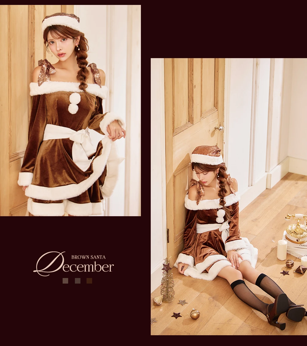 【sugar nine サンタコス 4点セット】【XS-XLサイズ/8カラー】グリッターリボン2段フレアサンタコスプレ3