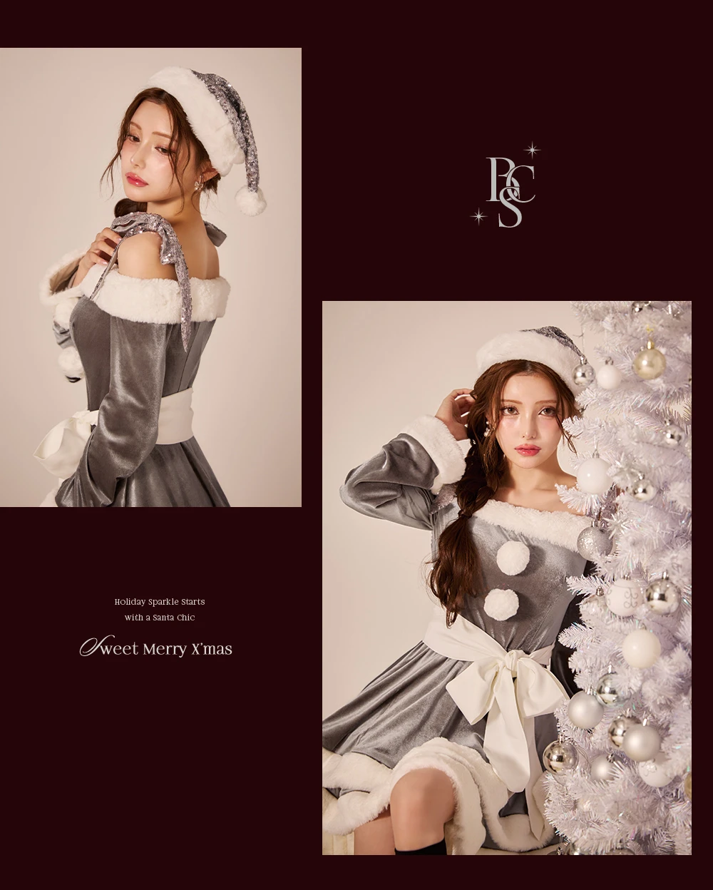 【【sugar nine サンタコス 4点セット】【XS-XLサイズ/8カラー】グリッターリボン2段フレアサンタコスプレ4