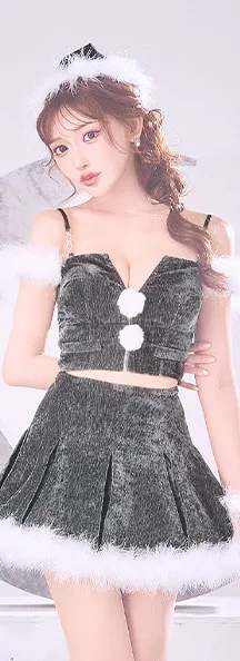 ファーショルダーシースルーフレアサンタコスプレ【コスプレ5点セット】【XS-XLサイズ/2カラー】