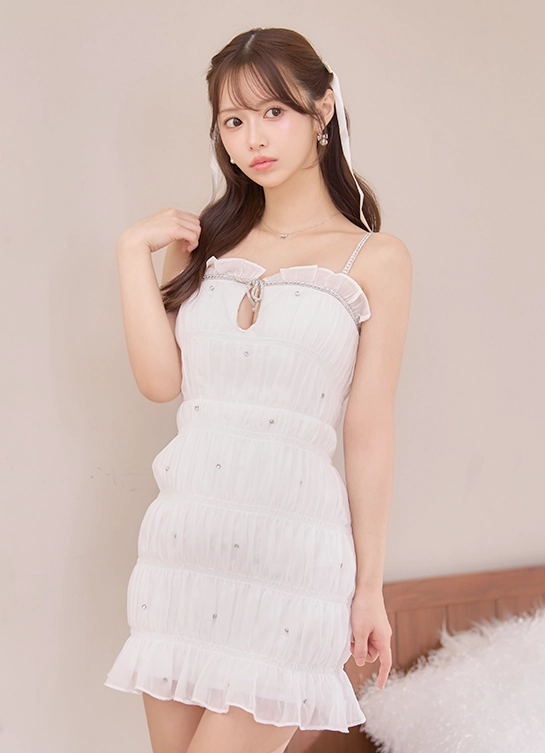 リボンビジューシャーリングミニドレス/キャバドレス