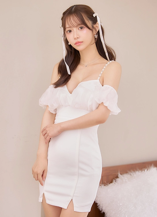 バルーンシフォンスリーブタイトミニドレス/キャバドレス