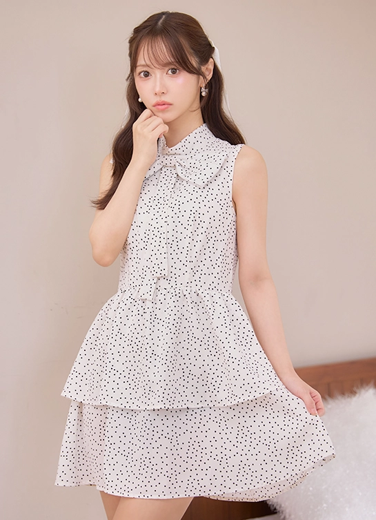 ボウタイリボンドットフレアワンピース/キャバドレス