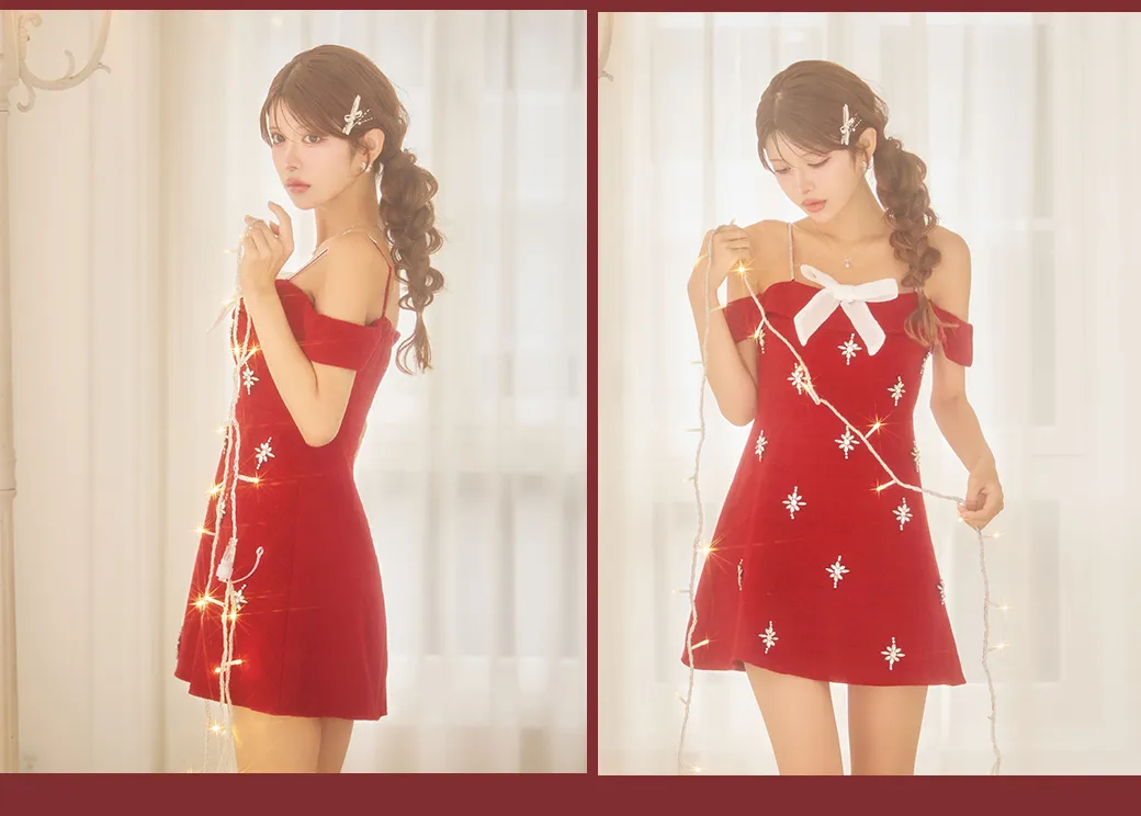 ホワイトリボンビジューキャミソールドレス