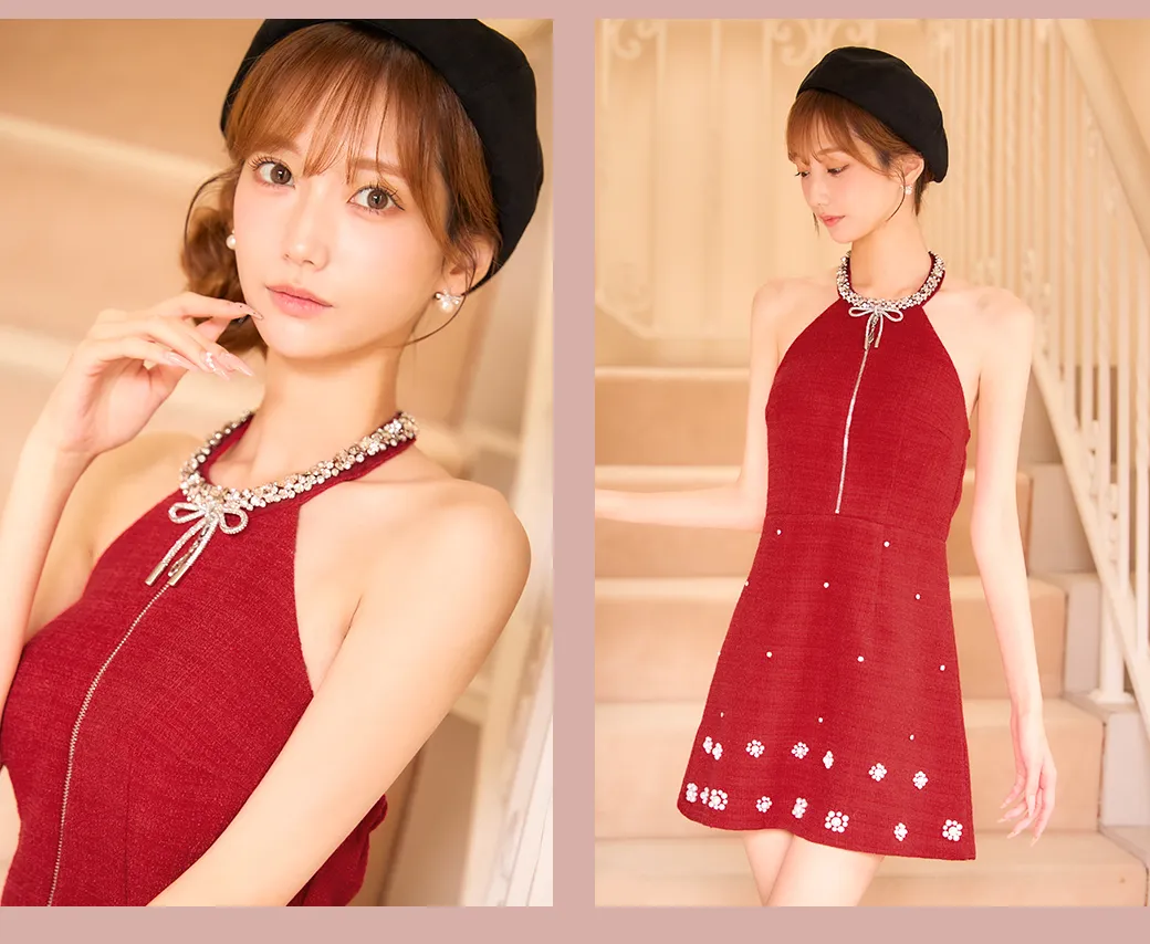 ホルターネックビジューツイードミニワンピースドレス/キャバドレス