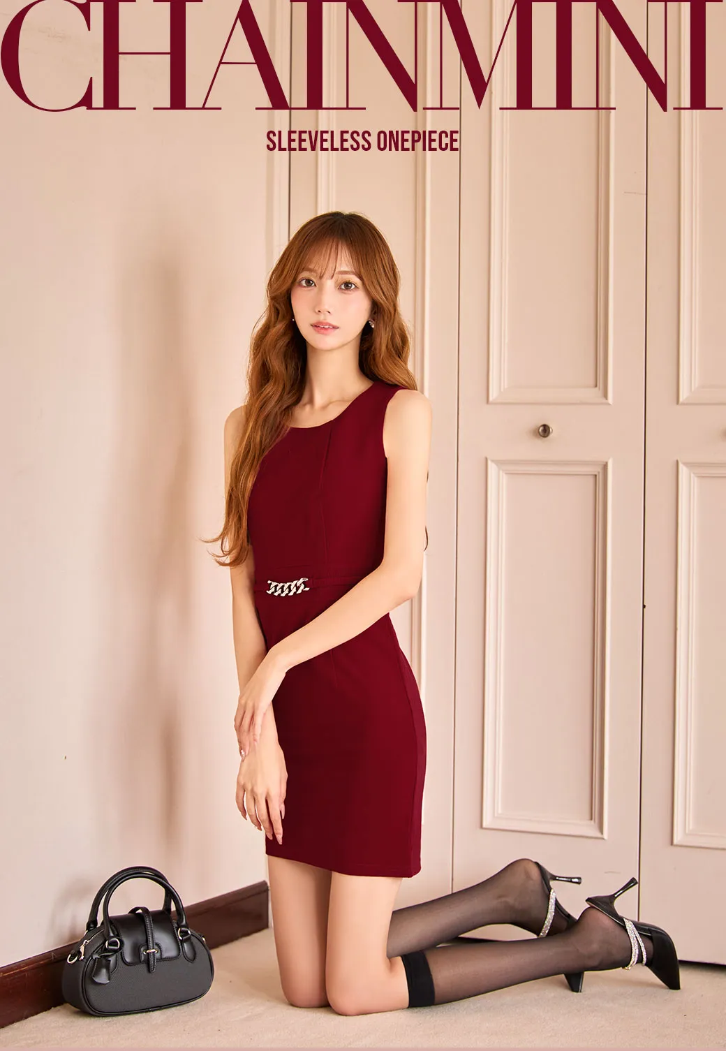 ウエストチェーンノースリーブタイトミニドレス/キャバドレス