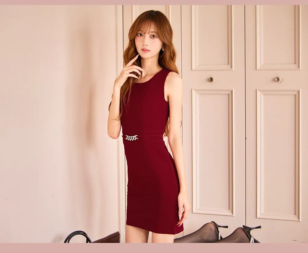 ウエストチェーンノースリーブタイトミニドレス/キャバドレス