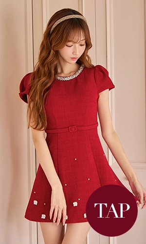 パフスリーブビジューツイードミニワンピースドレス