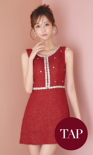 ツイードビジューノースリーブミニワンピースドレス/キャバドレス