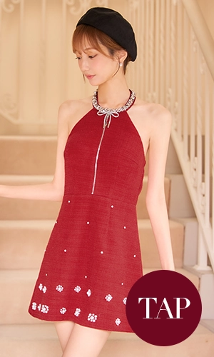 ホルターネックビジューツイードミニワンピースドレス/キャバドレス