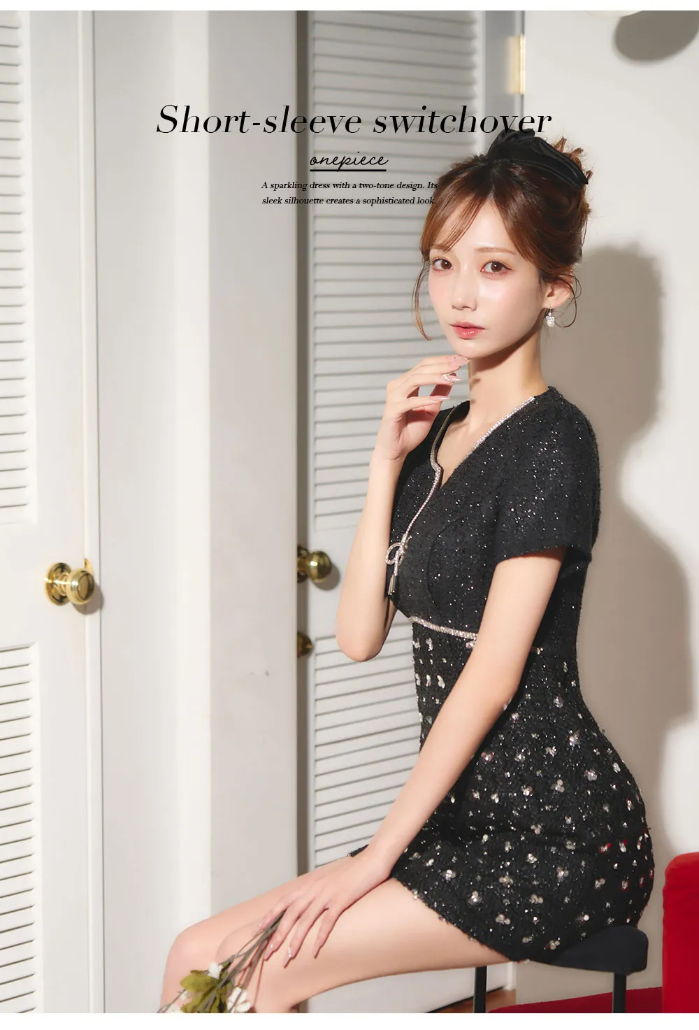 ビジューリボンツイードミニワンピースドレス