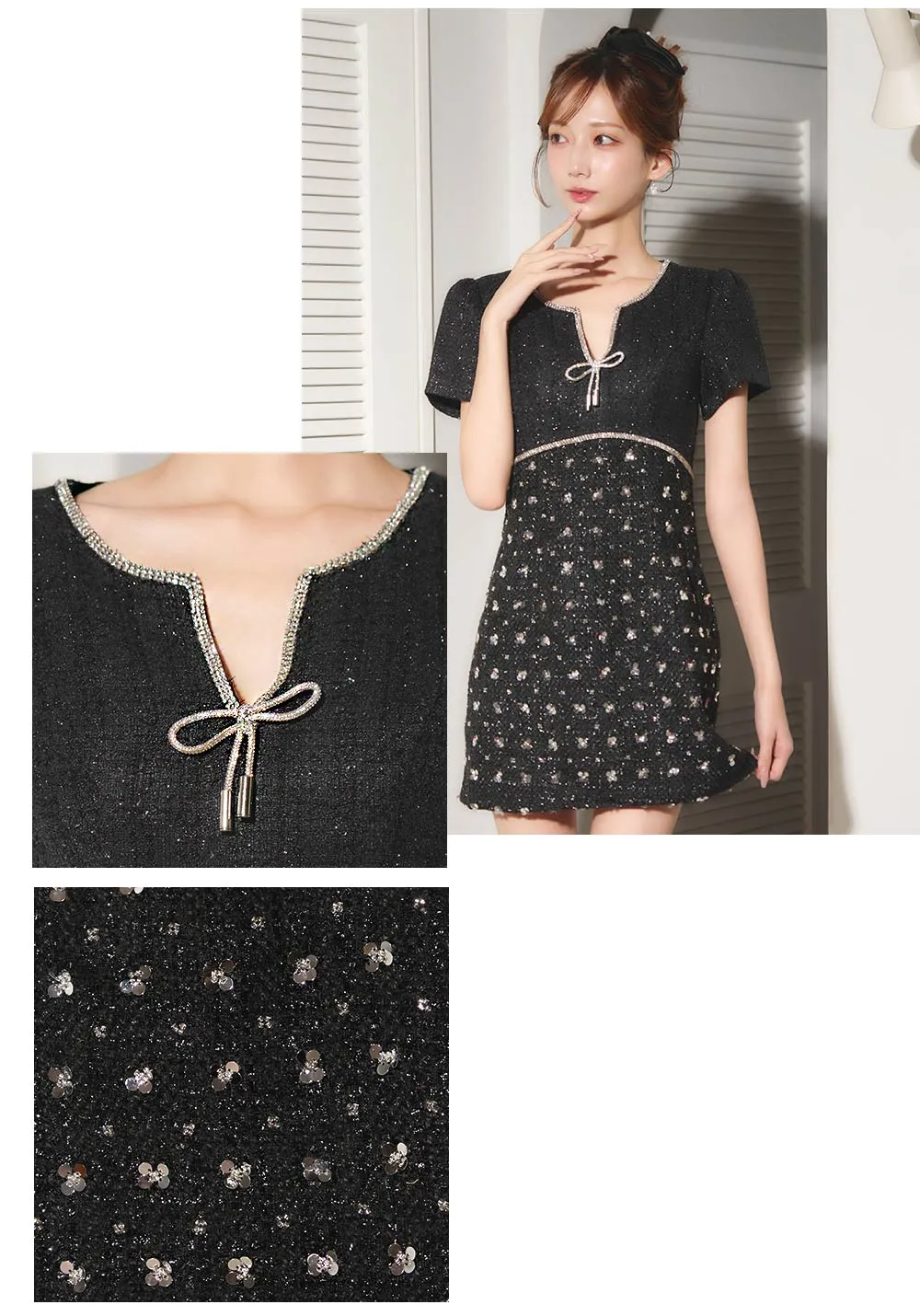 ビジューリボンツイードミニワンピースドレス