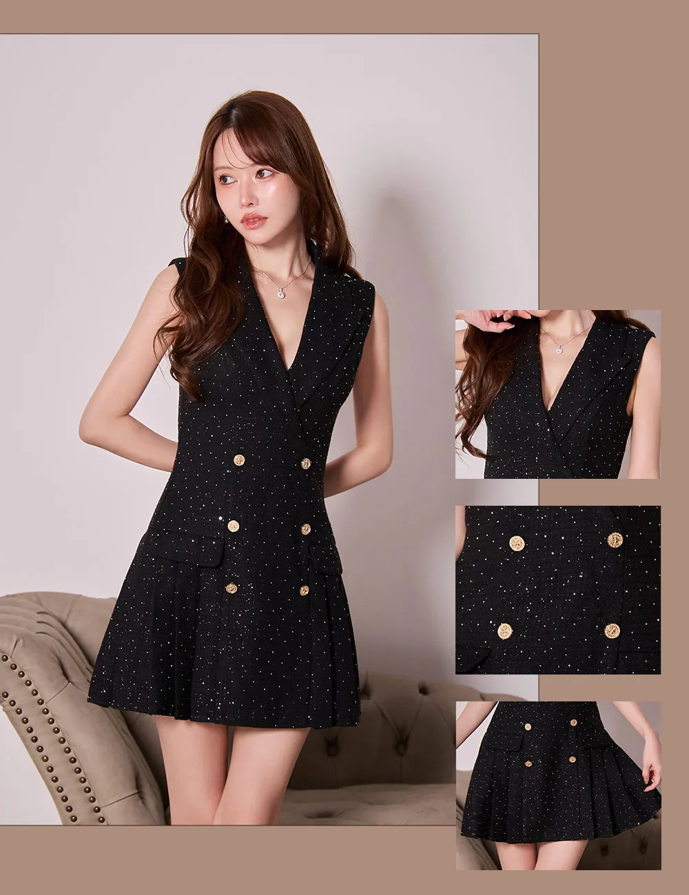 テーラードスタッズツイードミニドレス/キャバドレス