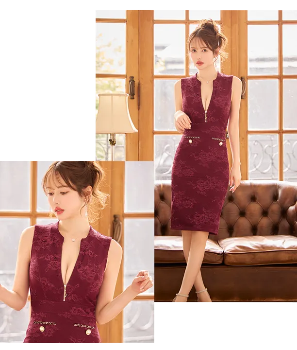 ジップアップレースノースリーブミディアムドレス/キャバドレス