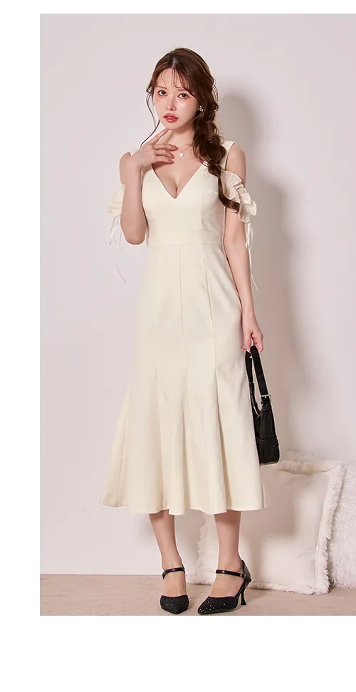 【sifeel/シフィール】Ｖネックフリルオープンショルダーワンピースドレス/キャバドレス【S-Lサイズ/1カラー】[OF03] 【YN】