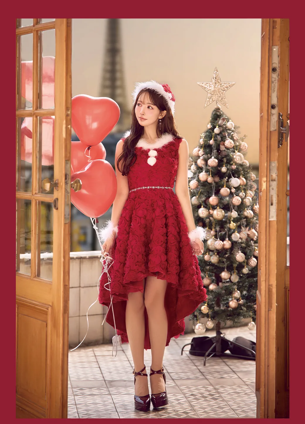 【サンタコス 4点セット】【S-Mサイズ/2カラー】立体ローズショートインスカートサンタコスプレ