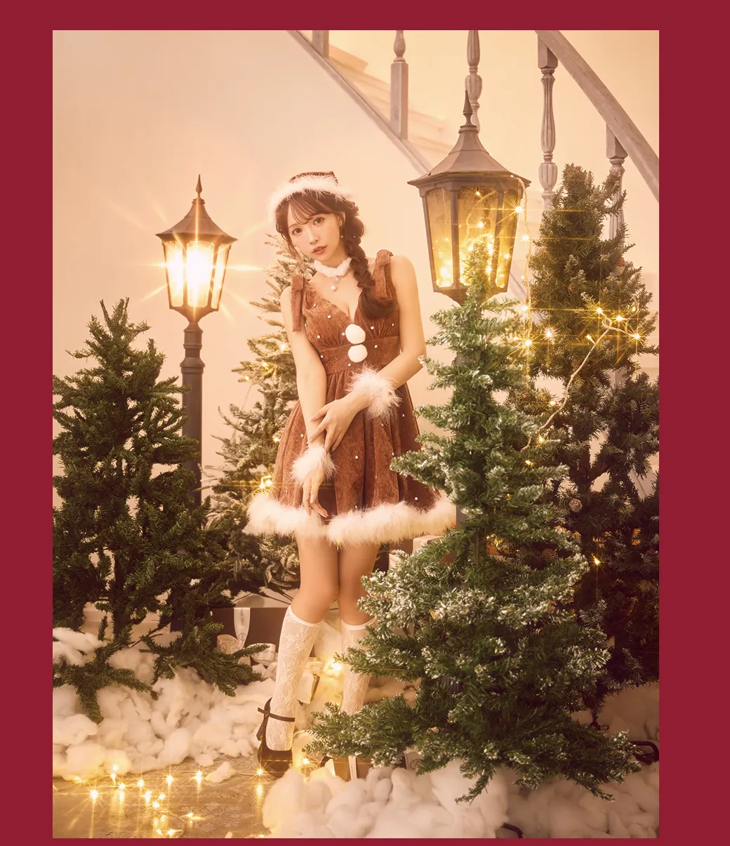 ショルダーリボンビジューツイードフレアサンタコスプレ