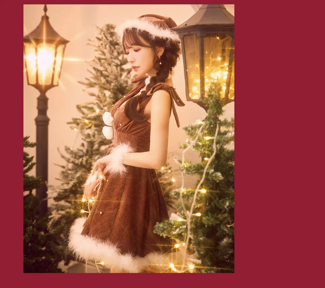 ショルダーリボンビジューツイードフレアサンタコスプレ