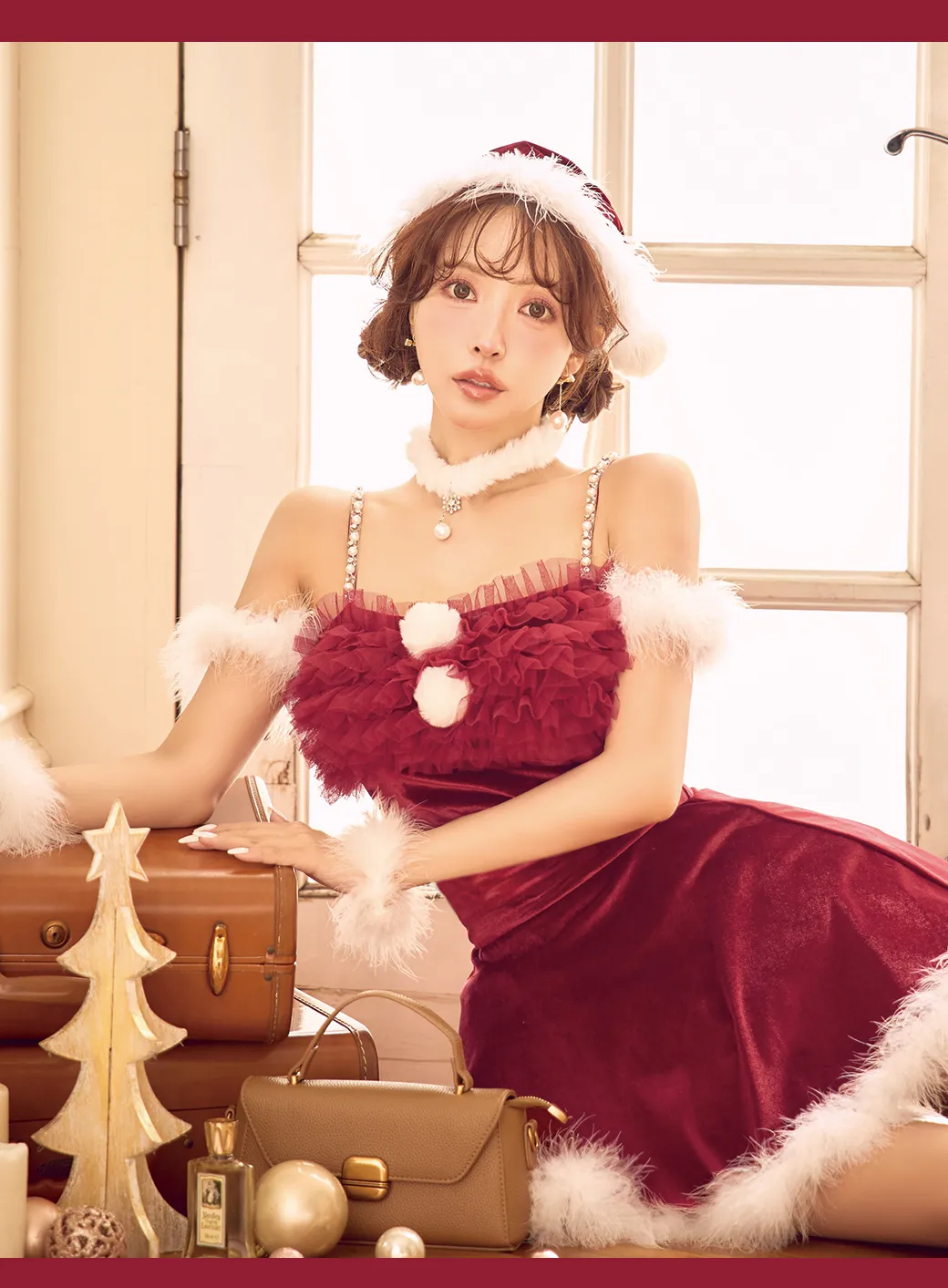 チュールフリルオフショルセットアップサンタコスプレ