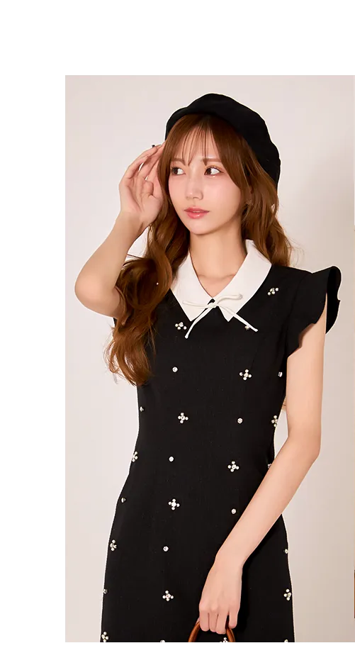 襟付きリボンフリルタイトミニドレス/キャバドレス