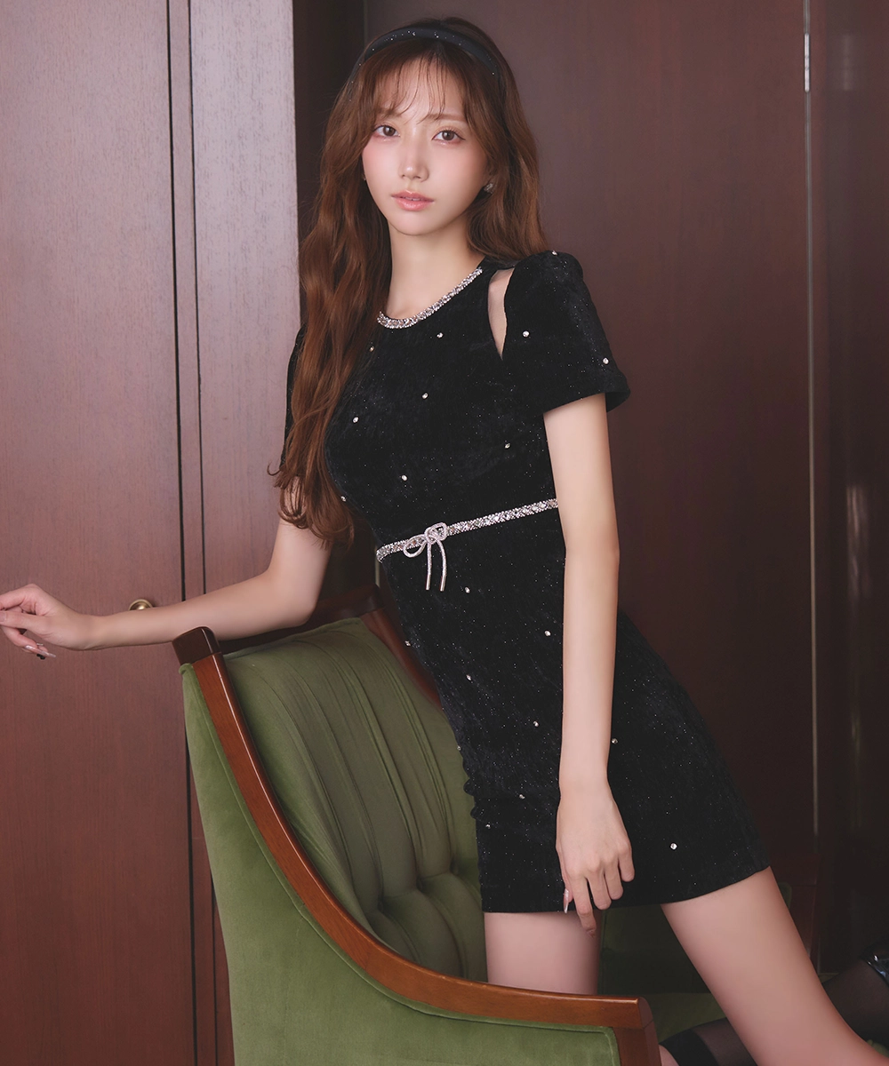 ショルダーシアーベロアミニドレス/キャバドレス