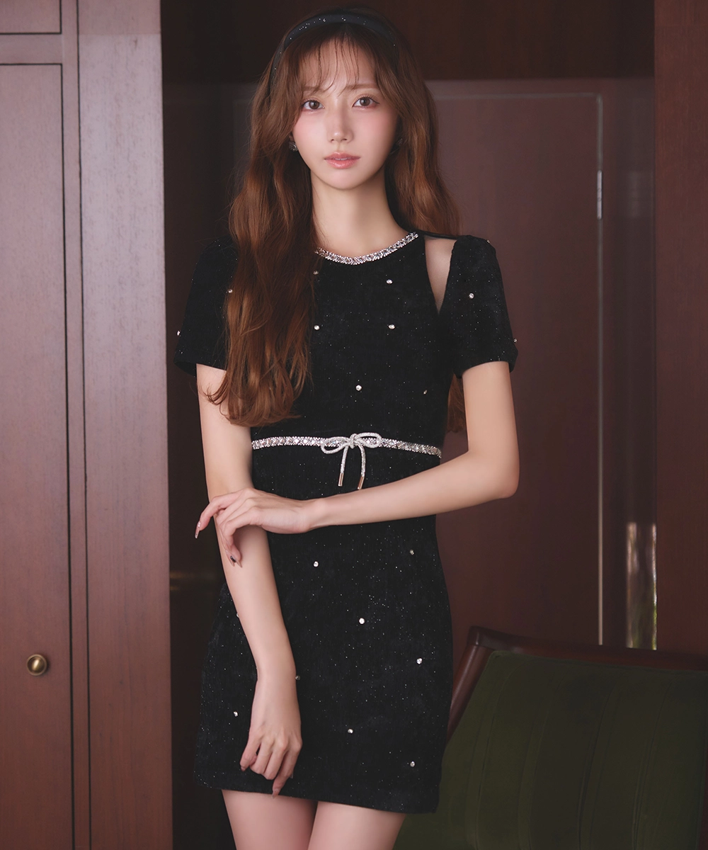 ショルダーシアーベロアミニドレス/キャバドレス