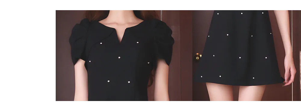 パフスリーブラメビジューAラインミニドレス/キャバドレス