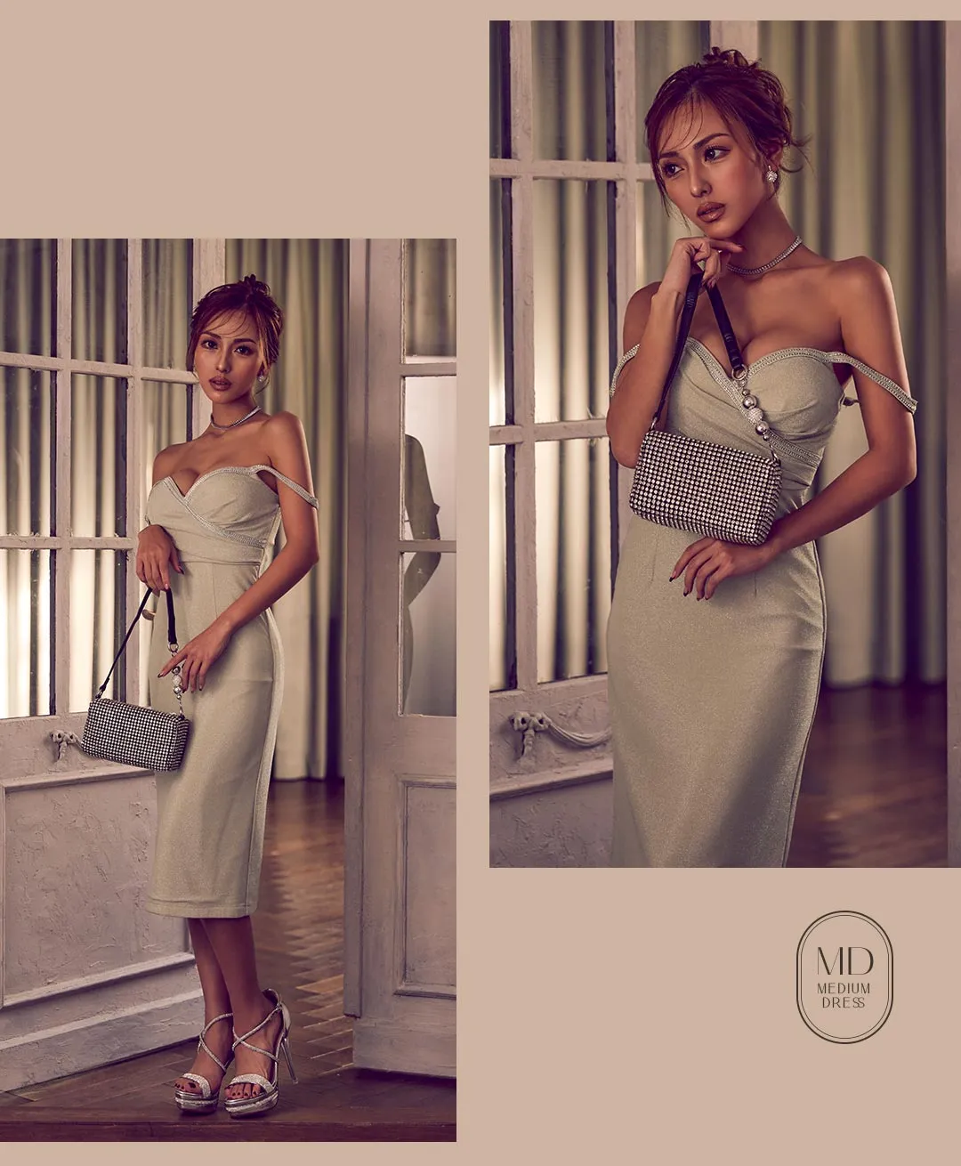 ミディアム / ビジュー / パイピング / タイト / ゴールドベージュ / 大人上品 / エレガント / ボディライン / 洗練 / 高見え 3