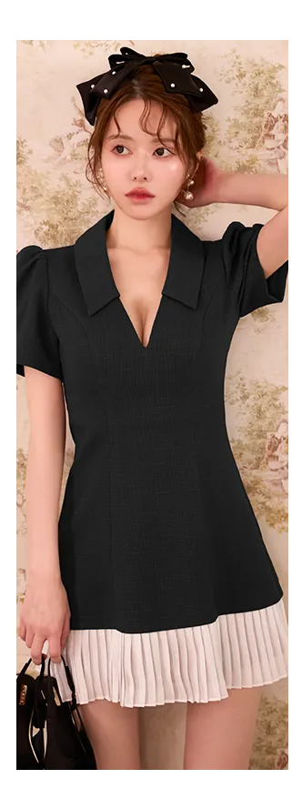 Vネックパフスリーブプリーツミニドレス/キャバドレス